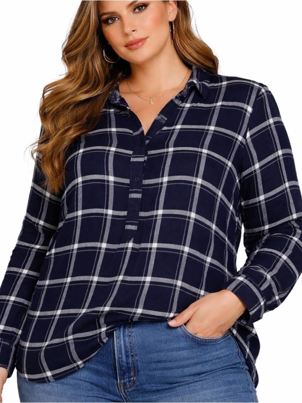 Crown & Ivy women's plaid flannel top navy blue white 3/4 Split Neck Top SZ LGR